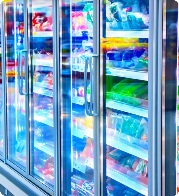 A large freezer with many shelves of food.